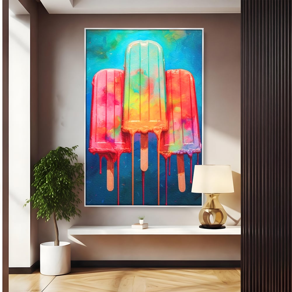 Tablou canvas cu pictura digitala cu trei inghetate pe bat colorate, in rama de aluminiu argintiu